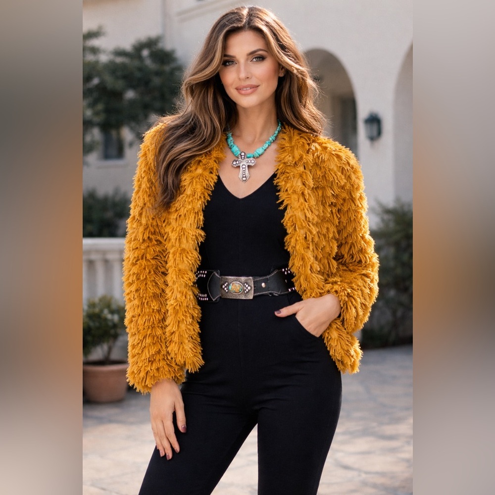 Fuzzy mustard yellow jacket. Small. Never worn, no tags.